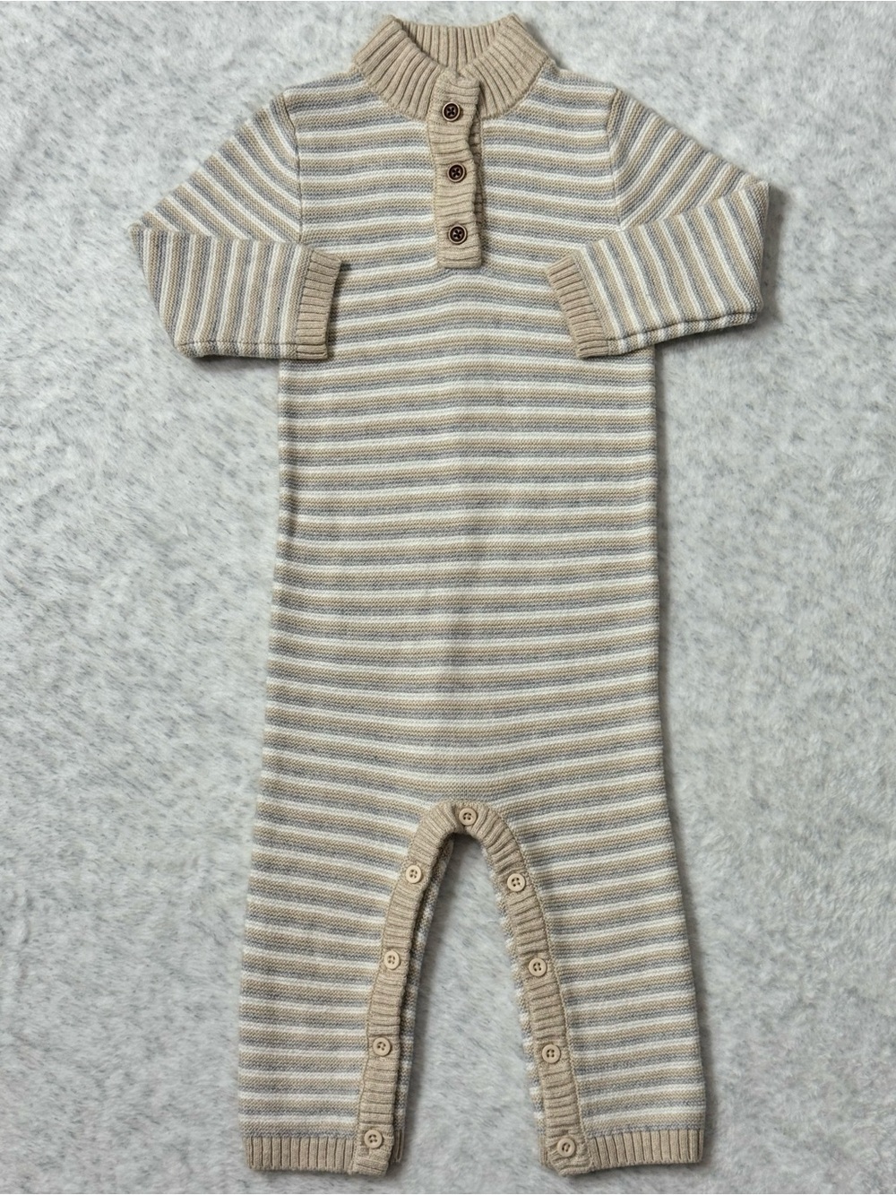 Janie and Jack Beige Gray Stripe Knit Sweater Romper 6-12M Baby Neutral Cozy